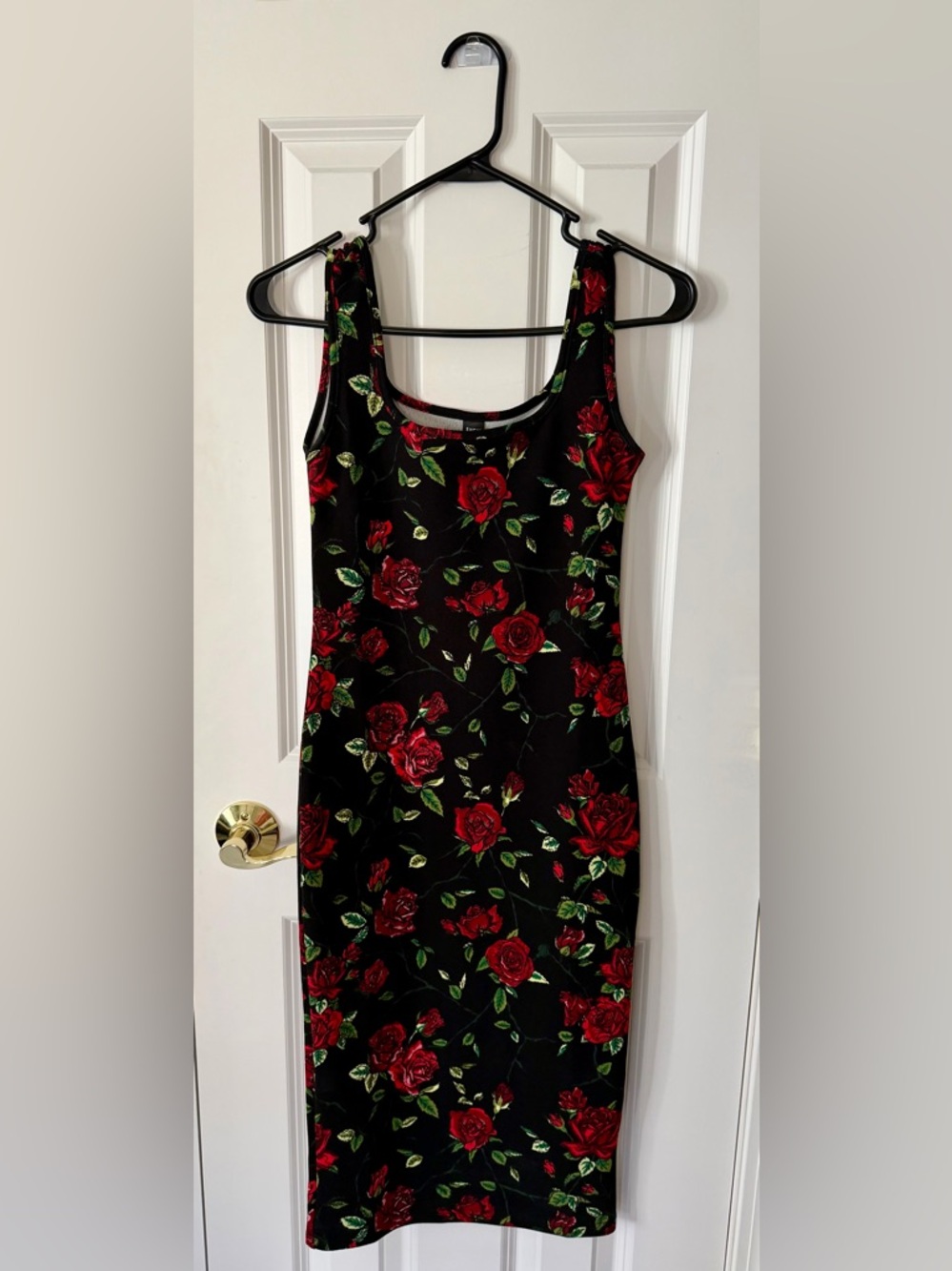 SHEIN Black Midi Dress with Red Rose Print